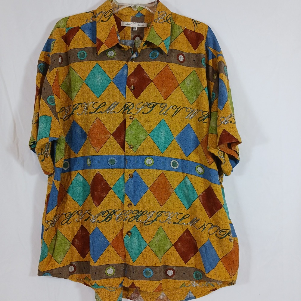 Haupt Button Down Shirt Mens XXL Yellow Good Harlequin Alphabet Diamond Print